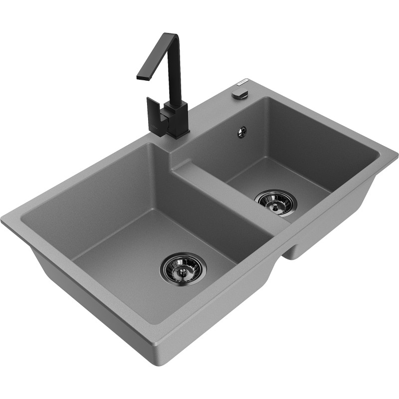 Mexen Tomas gray granite double-bowl sink with Rita kitchen faucet - 6516-71-670300-70-B