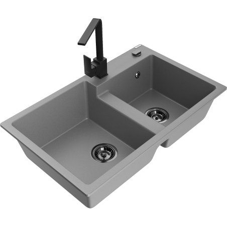Mexen Tomas 2-bowl granite sink with Rita kitchen faucet, gray - 6516-71-670300-70-B