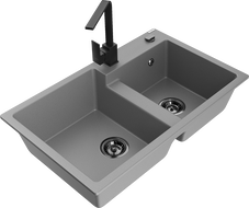 Mexen Tomas 2-bowl granite sink with Rita kitchen faucet, gray - 6516-71-670300-70-B