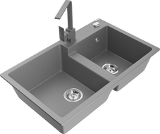 Mexen Tomas granite kitchen sink 2-bowl with kitchen faucet Rita, gray - 6516-71-670300-71