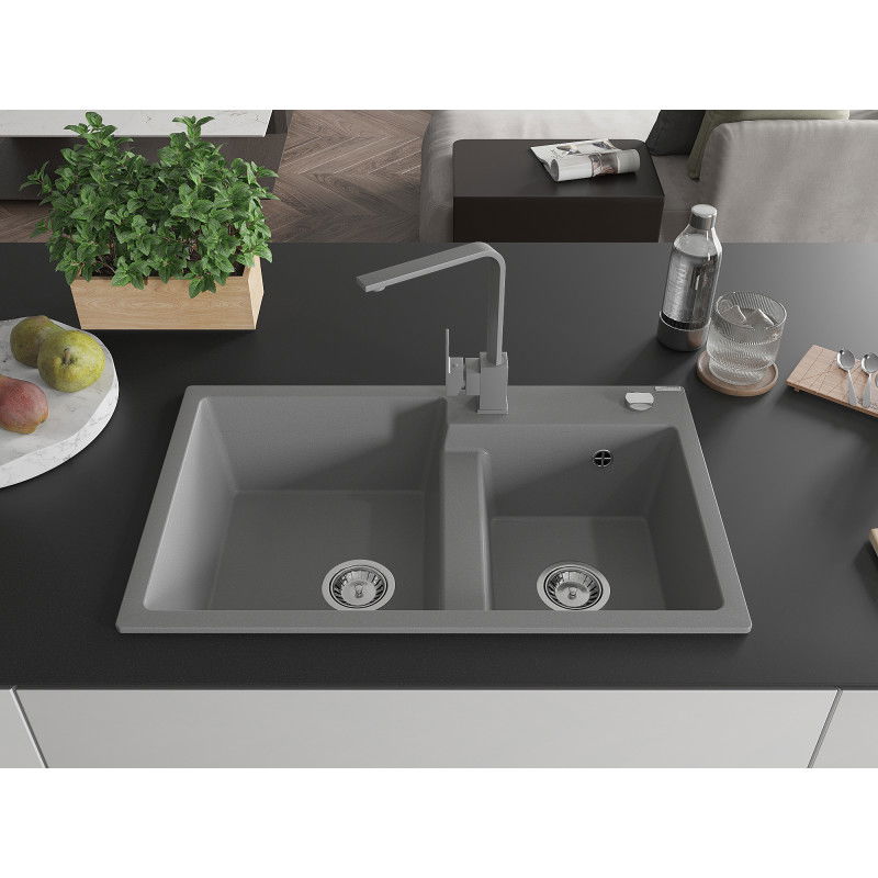Mexen Tomas granite sink 2-chamber with kitchen tap Rita, grey - 6516-71-670300-71