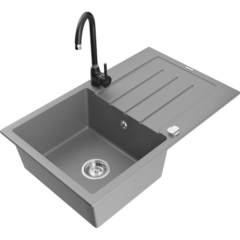 Mexen Bruno 1-bowl granite sink with drainer and Telma kitchen faucet, gray - 6513-71-670200-70