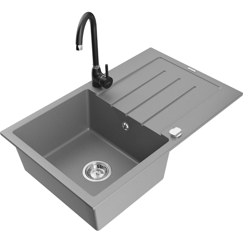 Mexen Bruno gray granite single-bowl sink with drainer and kitchen faucet Telma - 6513-71-670200-70