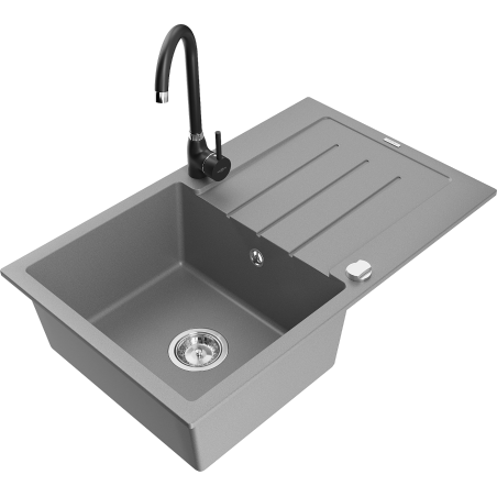 Mexen Bruno 1-bowl granite sink with drainer and Telma kitchen tap, grey - 6513-71-670200-70