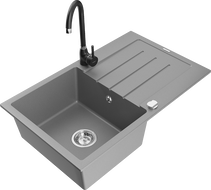 Mexen Bruno 1-bowl granite sink with drainer and Telma kitchen tap, grey - 6513-71-670200-70