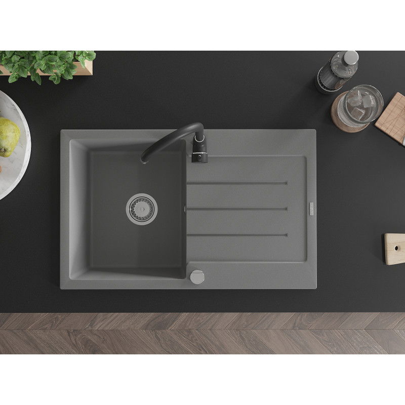 Mexen Bruno 1-bowl granite sink with drainer and Telma kitchen tap, grey - 6513-71-670200-70