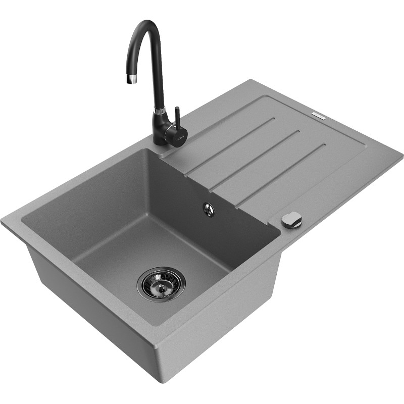 Mexen Bruno 1-bowl granite sink with drainer and Telma kitchen faucet, gray - 6513-71-670200-70-B