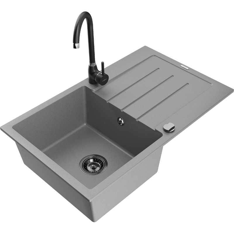 Mexen Bruno 1-compartment granite sink with a drip tray and kitchen mixer tap Telma, Grey - 6513-71-670200-70-B