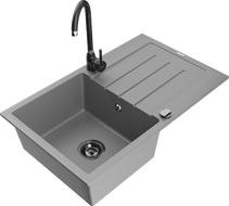 Mexen Bruno 1-bowl granite sink with drainer and Telma kitchen faucet, gray - 6513-71-670200-70-B