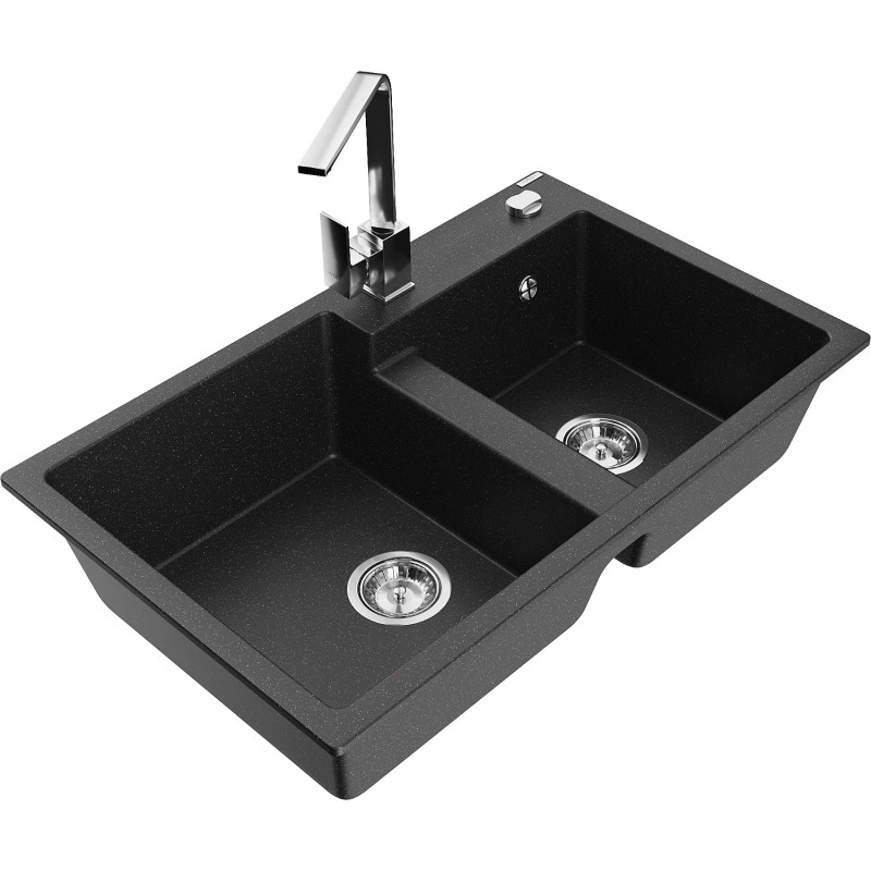 Mexen Tomas granite double-bowl kitchen sink with Rita faucet, black/silver metallic - 6516-73-670300-00