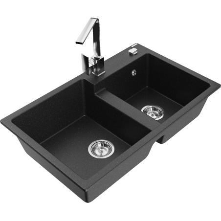Mexen Tomas granite double-bowl kitchen sink with Rita faucet, black/silver metallic - 6516-73-670300-00
