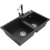 Mexen Tomas granite double-bowl kitchen sink with Rita faucet, black/silver metallic - 6516-73-670300-00