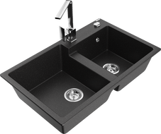Mexen Tomas 2-Bowl Granite Sink with Rita Kitchen Faucet, Black/Silver Metallic - 6516-73-670300-00