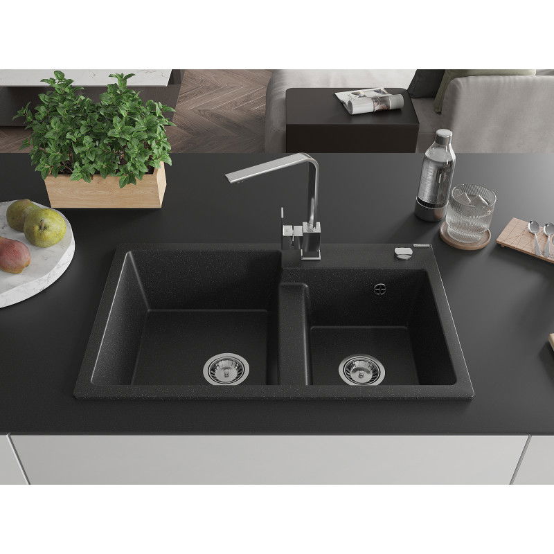 Mexen Tomas granite sink 2-bowl with kitchen tap Rita, black/silver metallic - 6516-73-670300-00