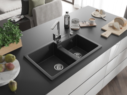 Mexen Tomas 2-Bowl Granite Sink with Rita Kitchen Faucet, Black/Silver Metallic - 6516-73-670300-00