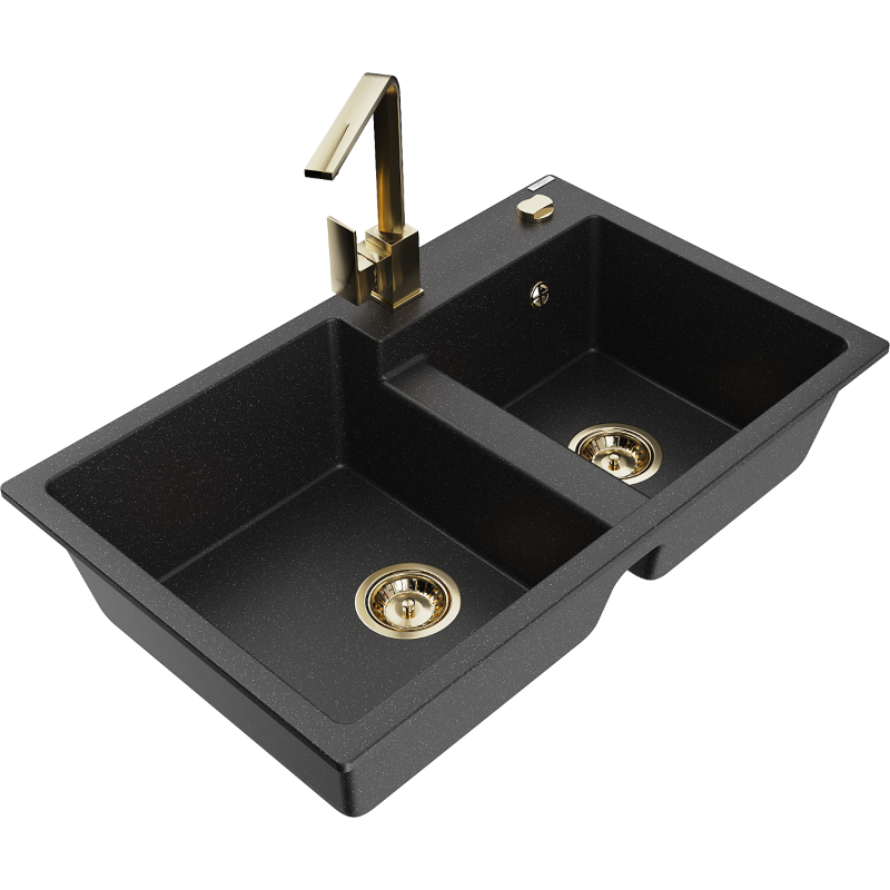 Mexen Tomas 2-compartment granite sink with a kitchen mixer tap Rita, Black/Silver metallic - 6516-73-670300-50