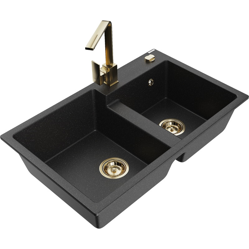 Mexen Tomas granite kitchen sink with 2 compartments and Rita kitchen faucet, black/silver metallic - 6516-73-670300-50