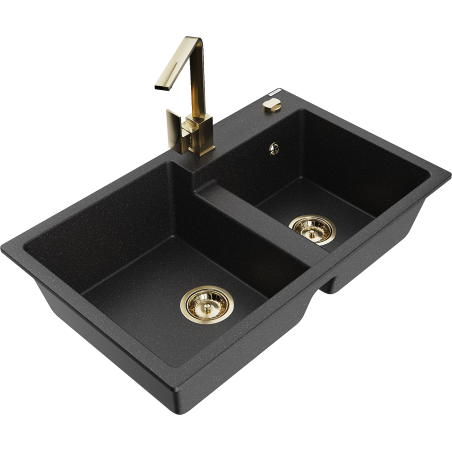 Mexen Tomas granite kitchen sink with 2 compartments and Rita kitchen faucet, black/silver metallic - 6516-73-670300-50