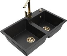 Mexen Tomas granite kitchen sink with 2 compartments and Rita kitchen faucet, black/silver metallic - 6516-73-670300-50