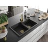Mexen Tomas granite kitchen sink 2-bowl with Rita kitchen faucet, black/silver metallic - 6516-73-670300-50