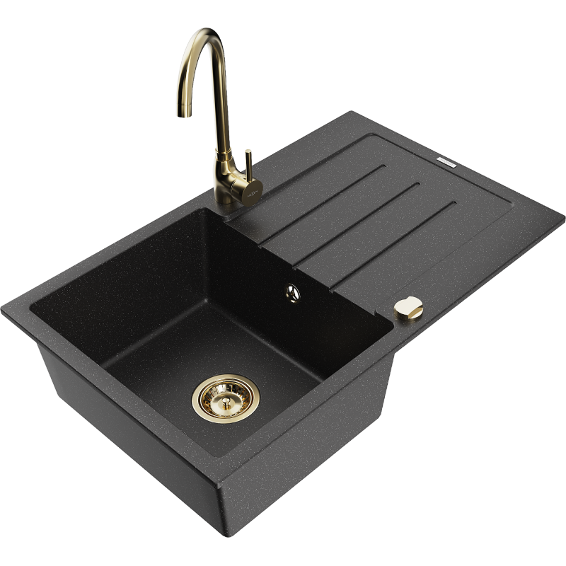 Mexen Bruno 1-compartment granite sink with a drip tray and kitchen mixer tap Telma, Black/Silver - 6513-73-670200-50