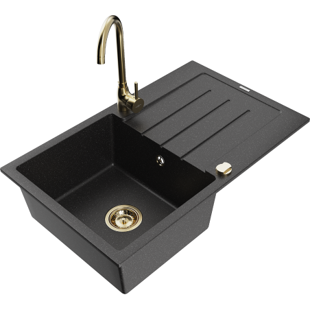 Mexen Bruno 1-bowl granite sink with drainer and Telma kitchen tap, black/silver - 6513-73-670200-50