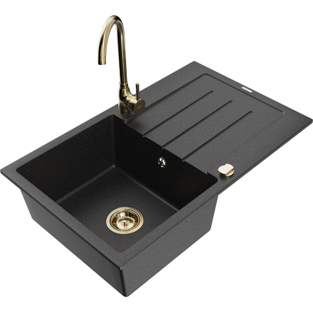 Mexen Bruno granite sink 1-bowl with drainer and Telma kitchen faucet, black/silver - 6513-73-670200-50