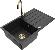 Mexen Bruno granite sink 1-bowl with drainer and Telma kitchen faucet, black/silver - 6513-73-670200-50