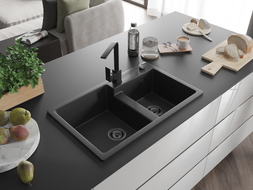 Mexen Tomas 2-Bowl Granite Sink with Rita Kitchen Faucet, Black/Silver Metallic - 6516-73-670300-70-B