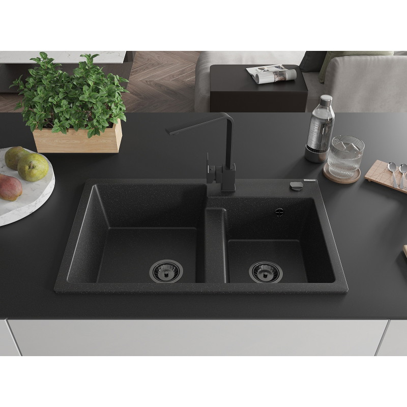 Mexen Tomas granite double-bowl sink with Rita kitchen faucet, black/silver metallic - 6516-73-670300-70-B