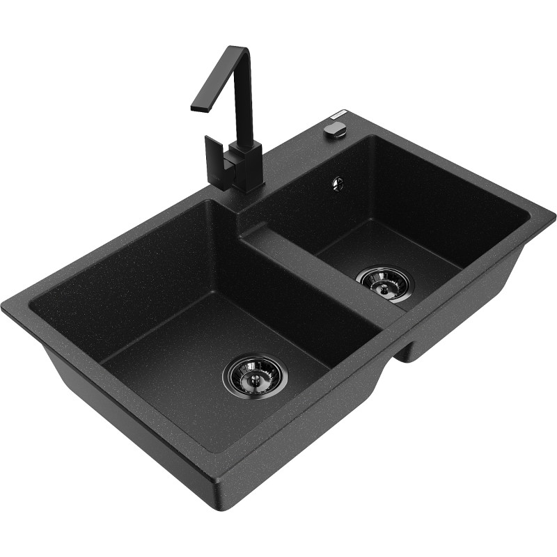 Mexen Tomas granite double-bowl sink with Rita kitchen faucet, black/silver metallic - 6516-73-670300-70-B