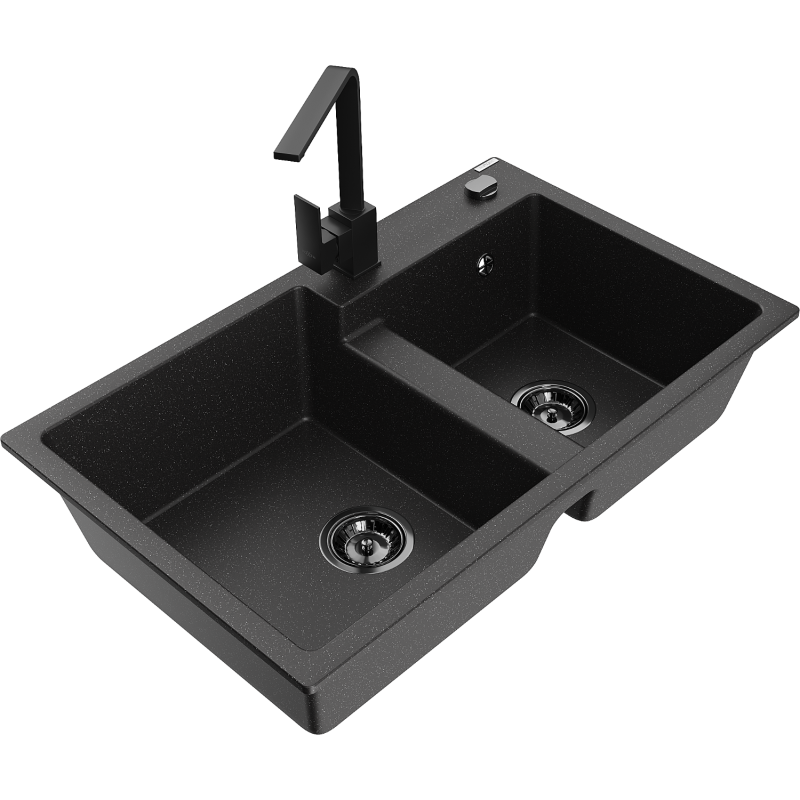 Mexen Tomas granite sink 2-bowl with Rita kitchen tap, black/silver metallic - 6516-73-670300-70-B