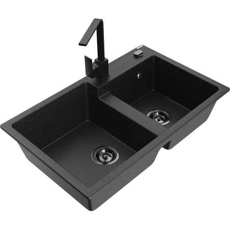 Mexen Tomas granite sink 2-bowl with Rita kitchen tap, black/silver metallic - 6516-73-670300-70-B