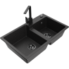 Mexen Tomas granite double-bowl sink with Rita kitchen faucet, black/silver metallic - 6516-73-670300-70-B