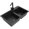 Mexen Tomas granite sink 2-bowl with Rita kitchen tap, black/silver metallic - 6516-73-670300-70-B
