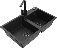 Mexen Tomas 2-Bowl Granite Sink with Rita Kitchen Faucet, Black/Silver Metallic - 6516-73-670300-70-B