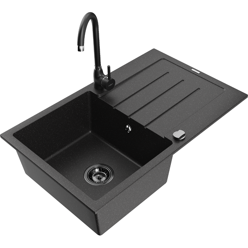 Mexen Bruno 1-compartment granite sink with a drip tray and kitchen mixer tap Telma, Black/Silver - 6513-73-670200-70-B