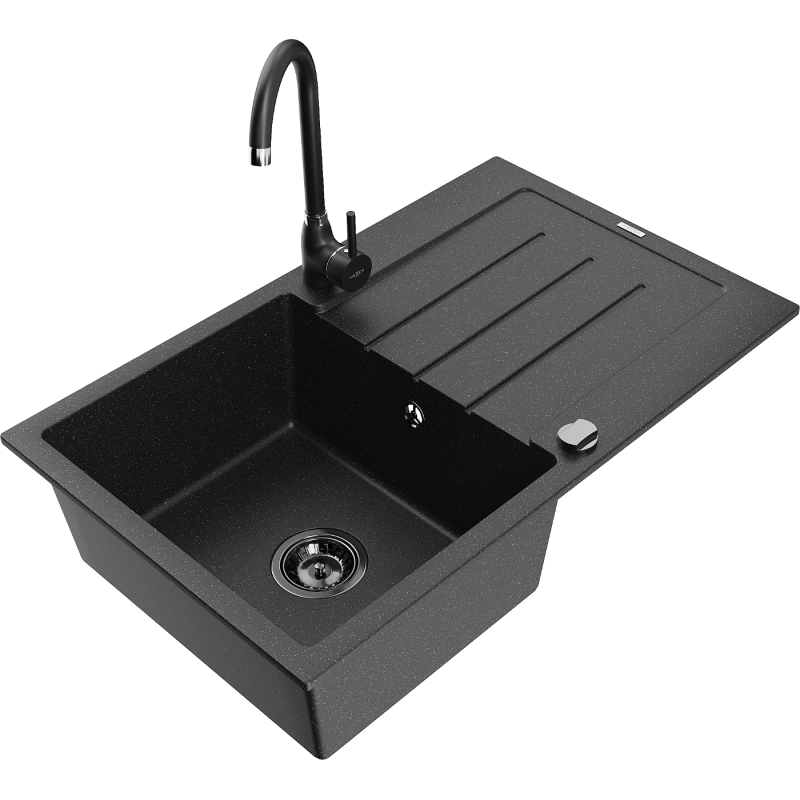Mexen Bruno granite kitchen sink 1-bowl with drainer and Telma kitchen tap, black/silver - 6513-73-670200-70-B
