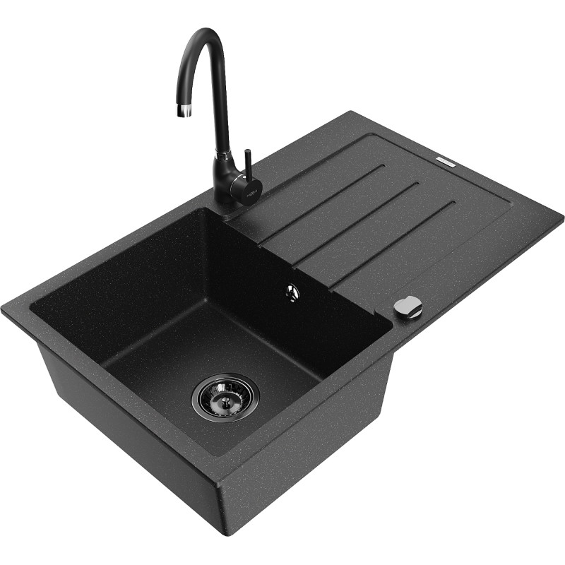 Mexen Bruno granite sink 1-bowl with drainer and Telma kitchen faucet, black/silver - 6513-73-670200-70-B