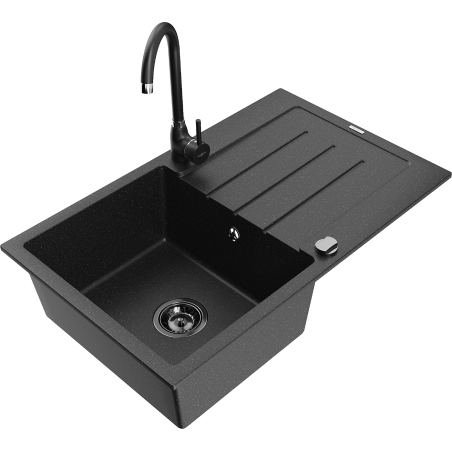 Mexen Bruno granite sink 1-bowl with drainer and Telma kitchen faucet, black/silver - 6513-73-670200-70-B