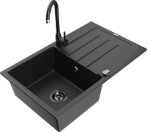 Mexen Bruno granite kitchen sink 1-bowl with drainer and Telma kitchen tap, black/silver - 6513-73-670200-70-B