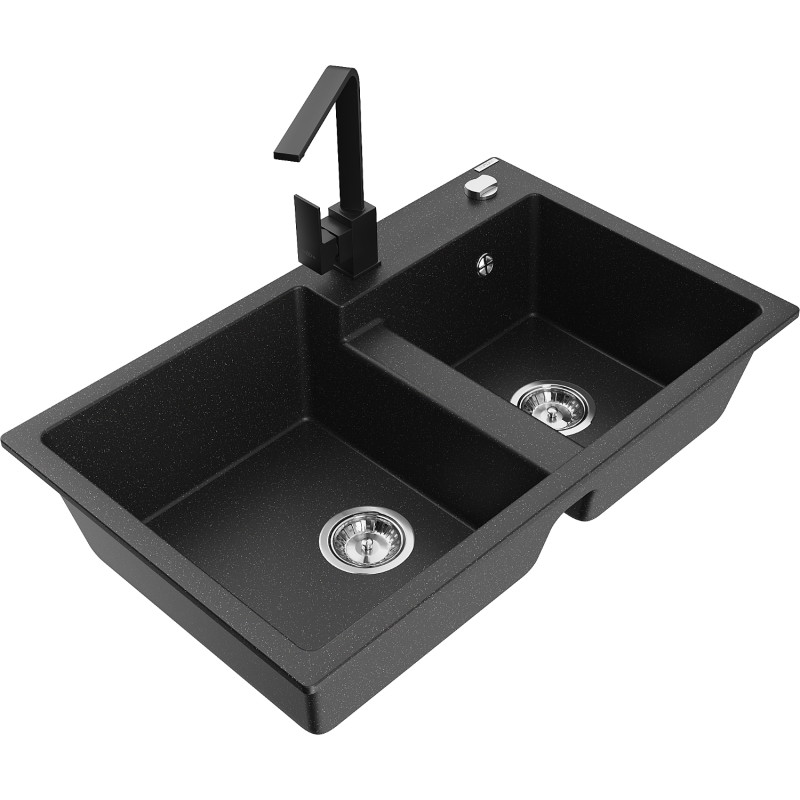 Mexen Tomas granite double-bowl sink with Rita kitchen faucet, black/silver metallic - 6516-73-670300-70