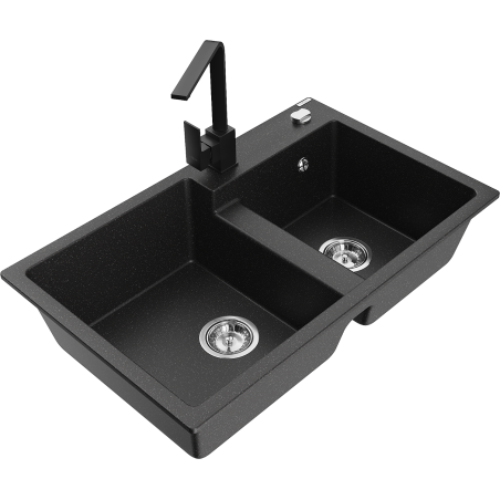 Mexen Tomas 2-bowl granite kitchen sink with Rita kitchen tap, black/silver metallic - 6516-73-670300-70