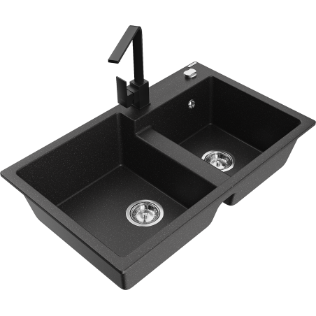 Mexen Tomas 2-bowl granite sink with Rita kitchen faucet, black/silver metallic - 6516-73-670300-70