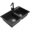 Mexen Tomas 2-bowl granite sink with Rita kitchen faucet, black/silver metallic - 6516-73-670300-70