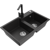 Mexen Tomas granite double-bowl sink with Rita kitchen faucet, black/silver metallic - 6516-73-670300-70