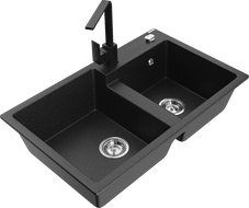 Mexen Tomas 2-bowl granite sink with Rita kitchen faucet, black/silver metallic - 6516-73-670300-70