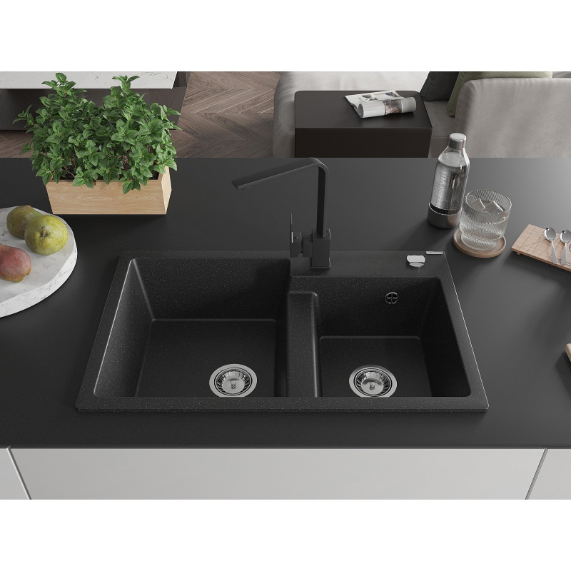 Mexen Tomas 2-bowl granite sink with Rita kitchen faucet, black/silver metallic - 6516-73-670300-70