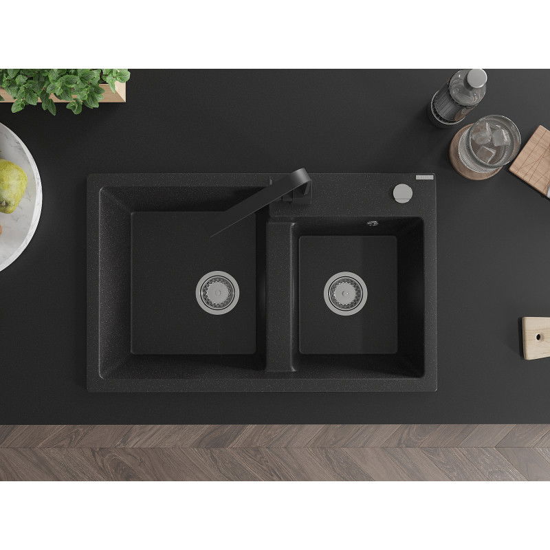 Mexen Tomas 2-bowl granite kitchen sink with Rita kitchen tap, black/silver metallic - 6516-73-670300-70