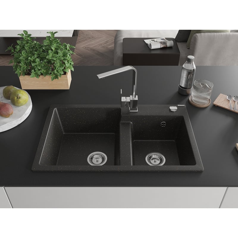 Mexen Tomas 2-compartment granite sink with Rita kitchen faucet, black/gold metallic - 6516-75-670300-00